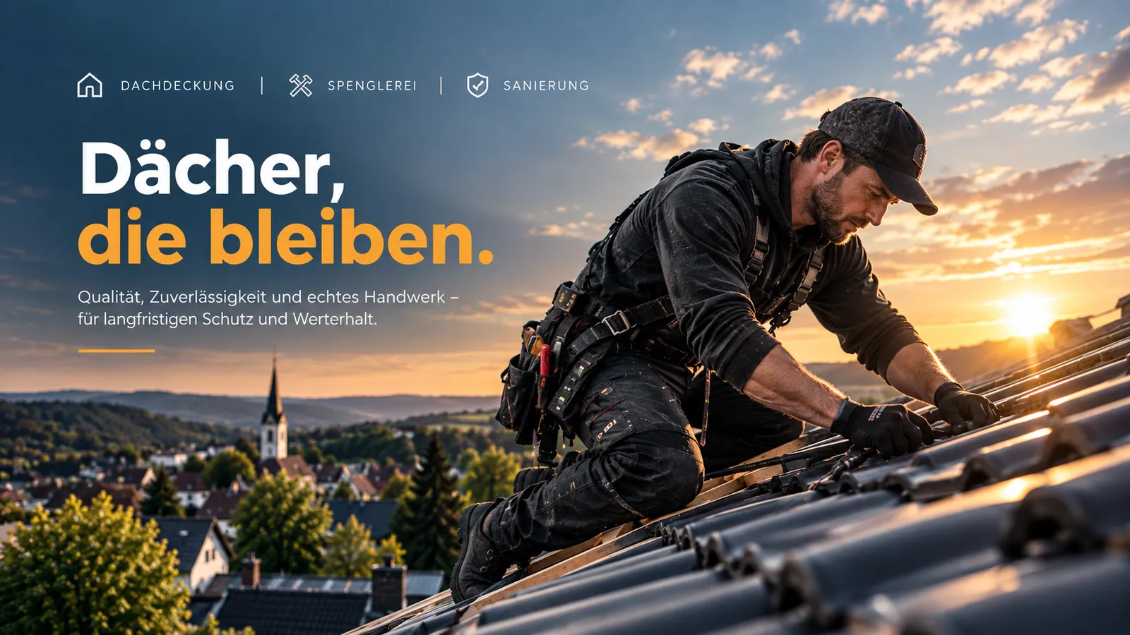 Dachdecker bei der Arbeit auf einem Dach im Abendlicht